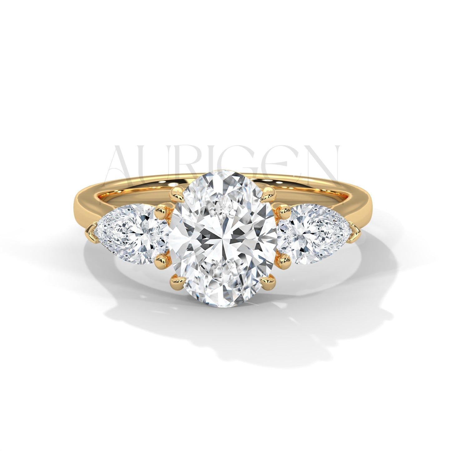 Oval Cut Three Stone Engagement Ring with Pear Side Diamonds in 14K Solid Gold