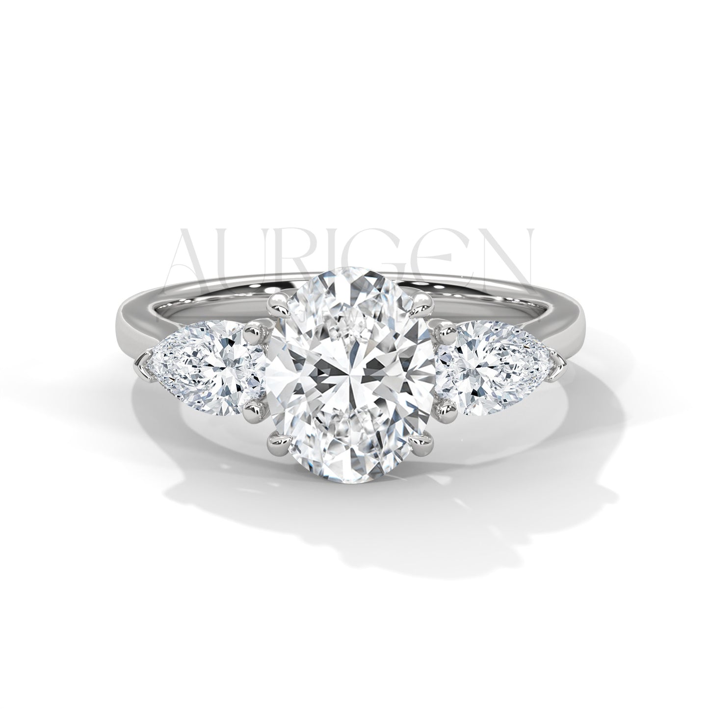 Oval Cut Three Stone Engagement Ring with Pear Side Diamonds in 14K Solid Gold