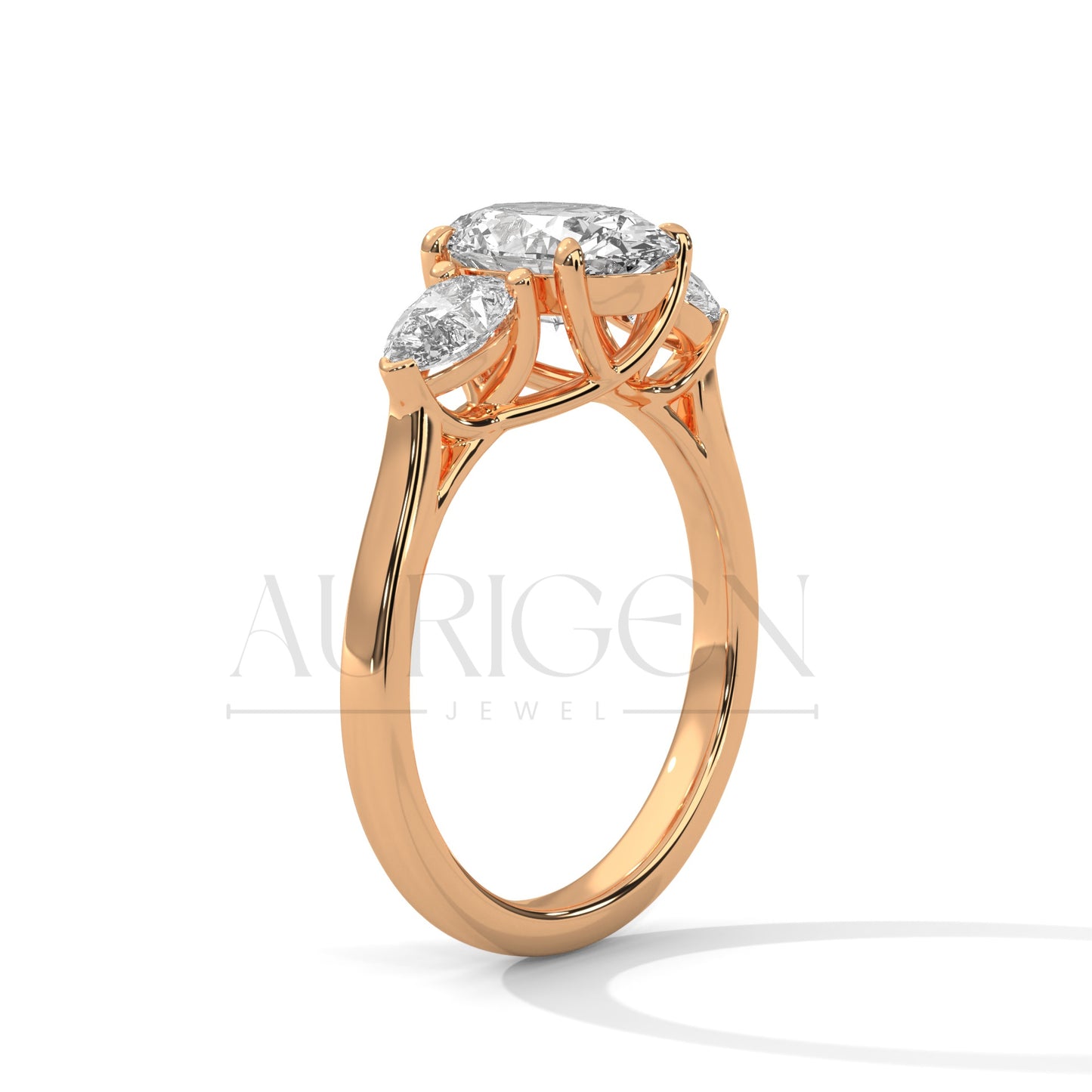 Oval Cut Three Stone Engagement Ring with Pear Side Diamonds in 14K Solid Gold