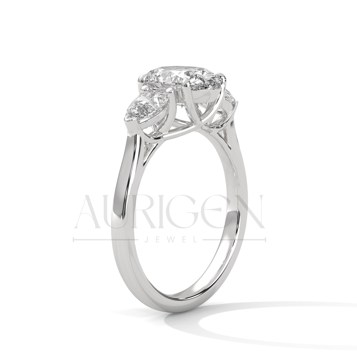 Oval Cut Three Stone Engagement Ring with Pear Side Diamonds in 14K Solid Gold