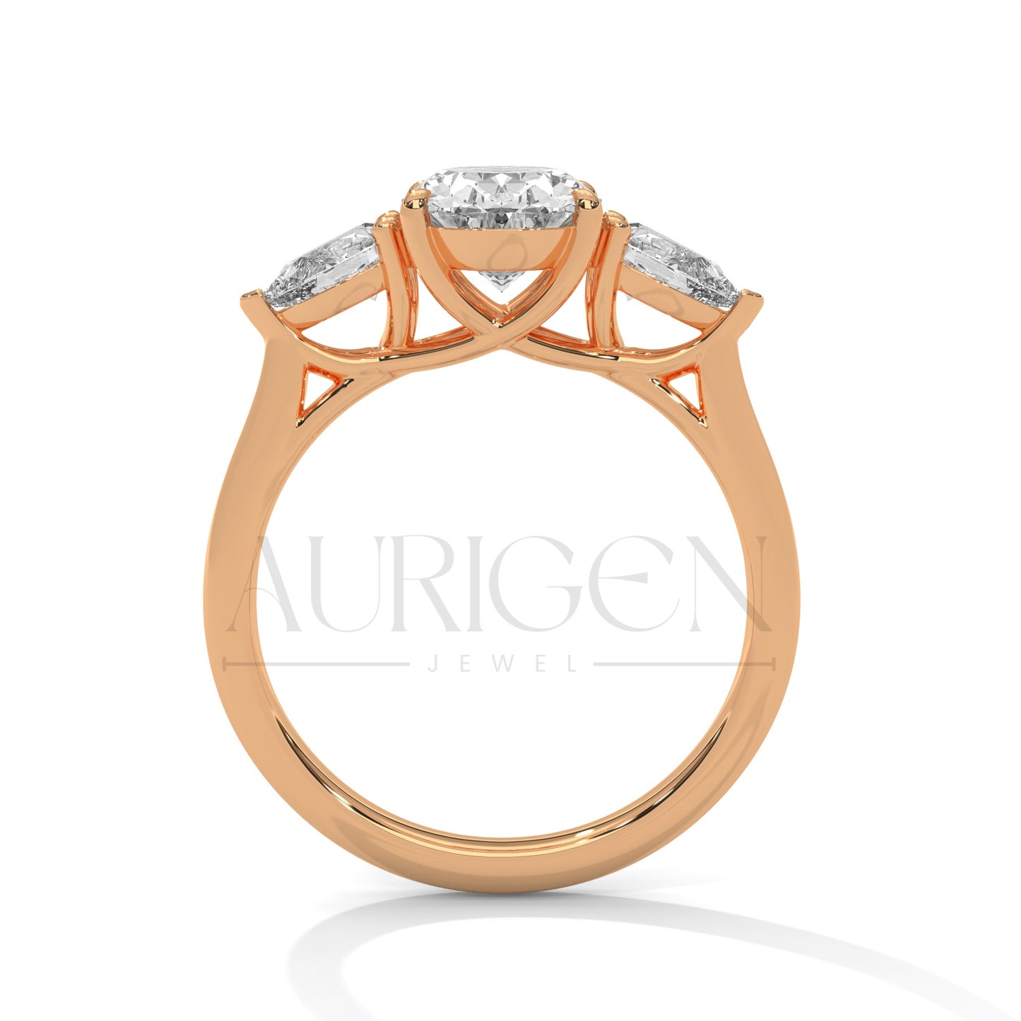 Oval Cut Three Stone Engagement Ring with Pear Side Diamonds in 14K Solid Gold