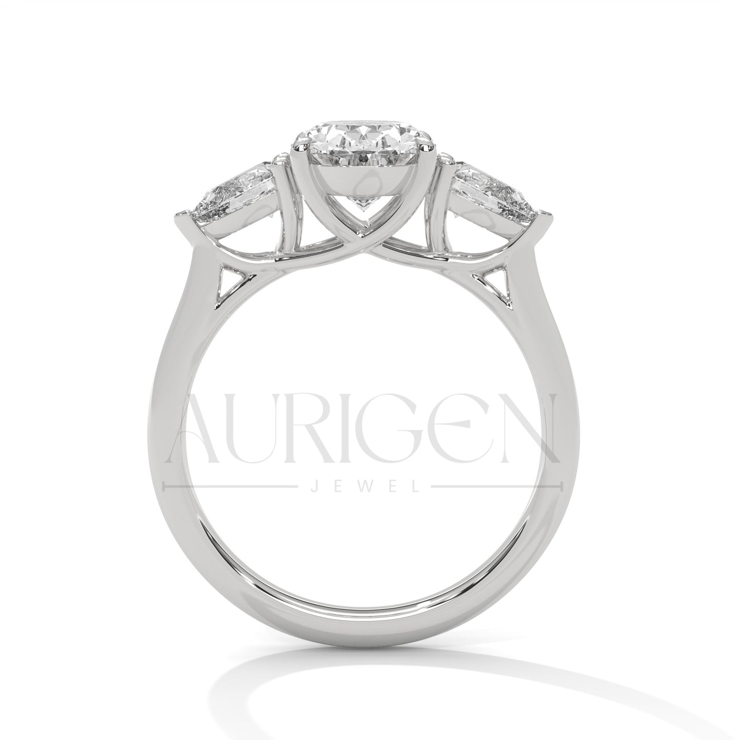 Oval Cut Three Stone Engagement Ring with Pear Side Diamonds in 14K Solid Gold