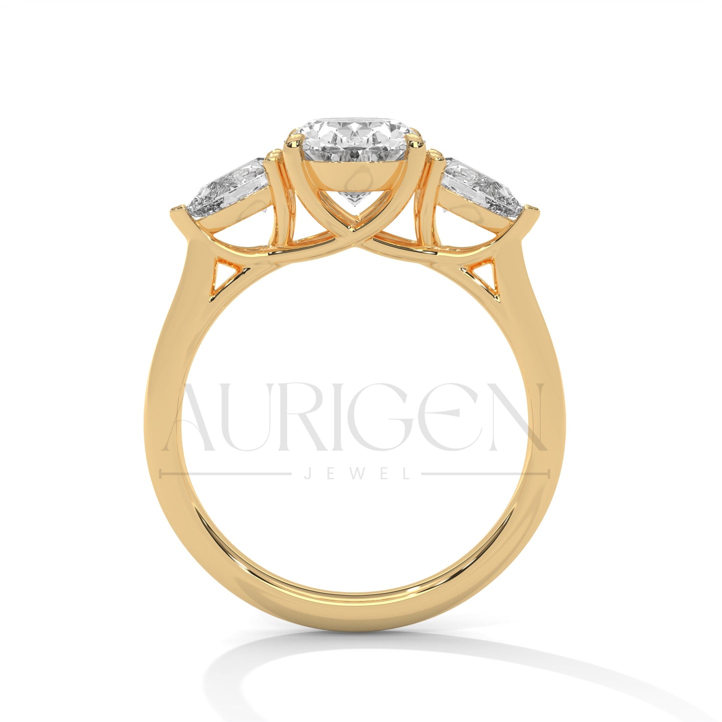 Oval Cut Three Stone Engagement Ring with Pear Side Diamonds in 14K Solid Gold