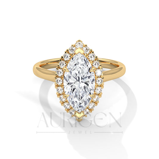 14K Solid Gold Marquise Engagement Ring with Diamond Halo