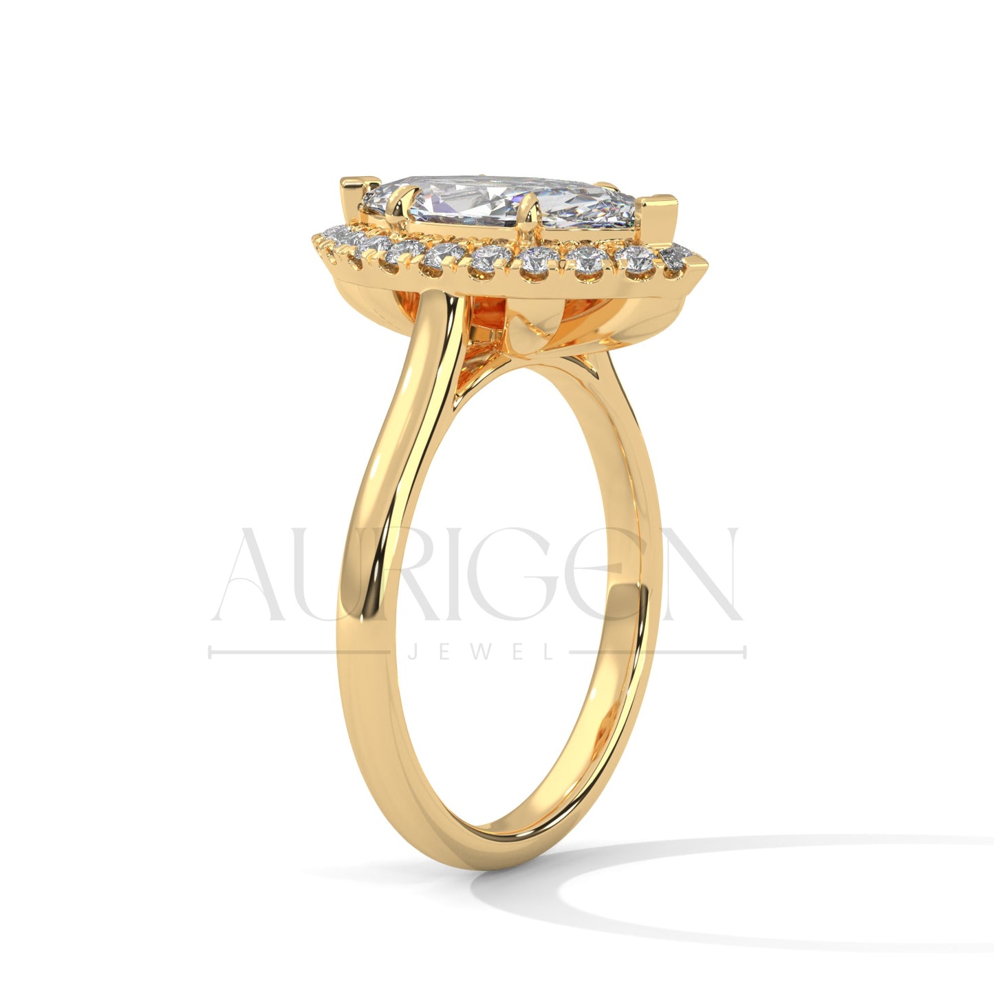 14K Solid Gold Marquise Engagement Ring with Diamond Halo