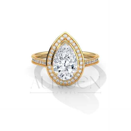 Pear-Shaped Halo Diamond Engagement Ring in 14K Solid Gold with Pave Band