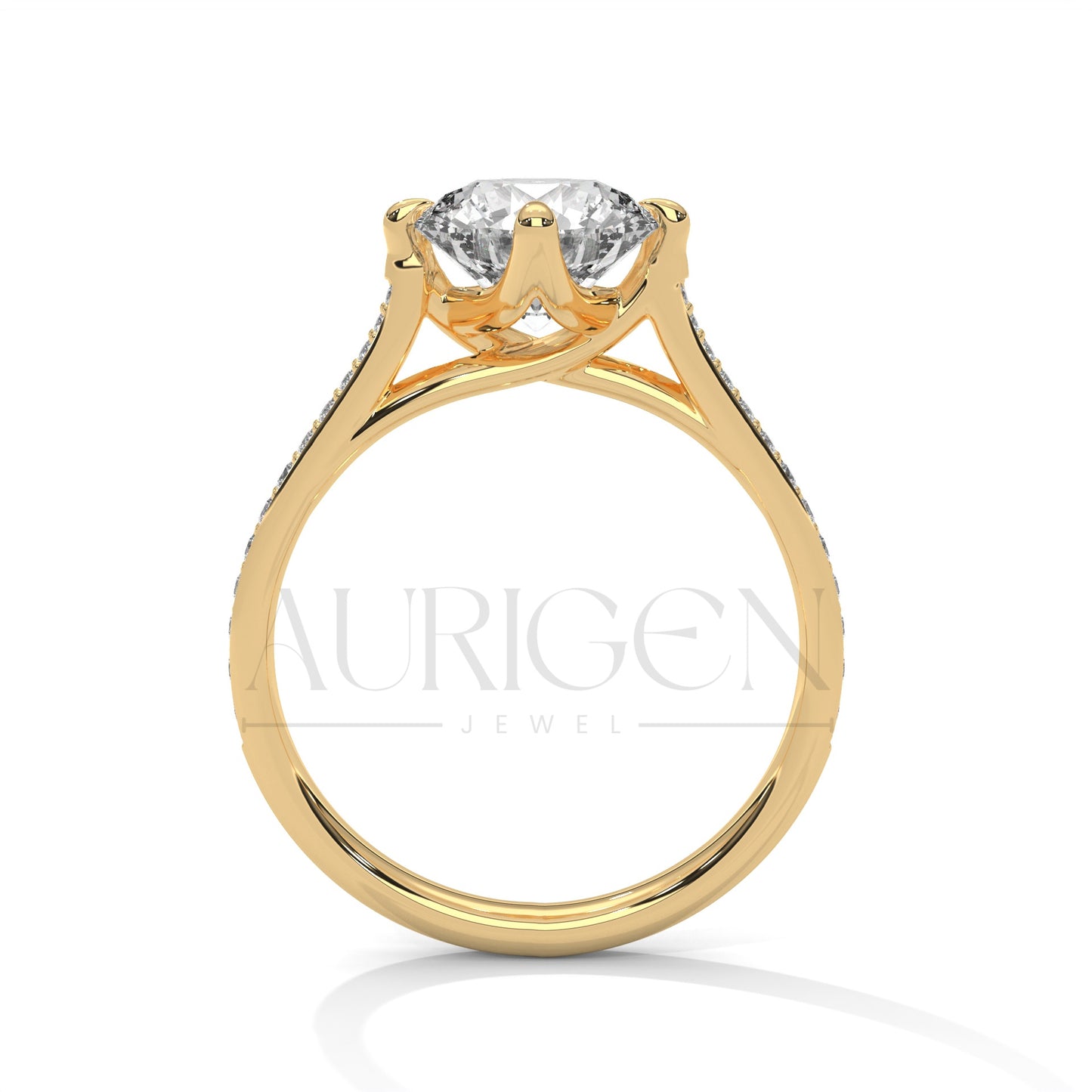 Sparkling Elegance: Round Cut Diamond with Side Pave Setting in 14K Yellow Gold Ring