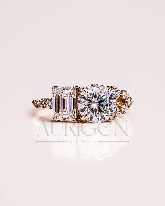Round and Emerald Cut Moissanite & Lab Grown Diamond Cluster Ring in 14K Solid Gold