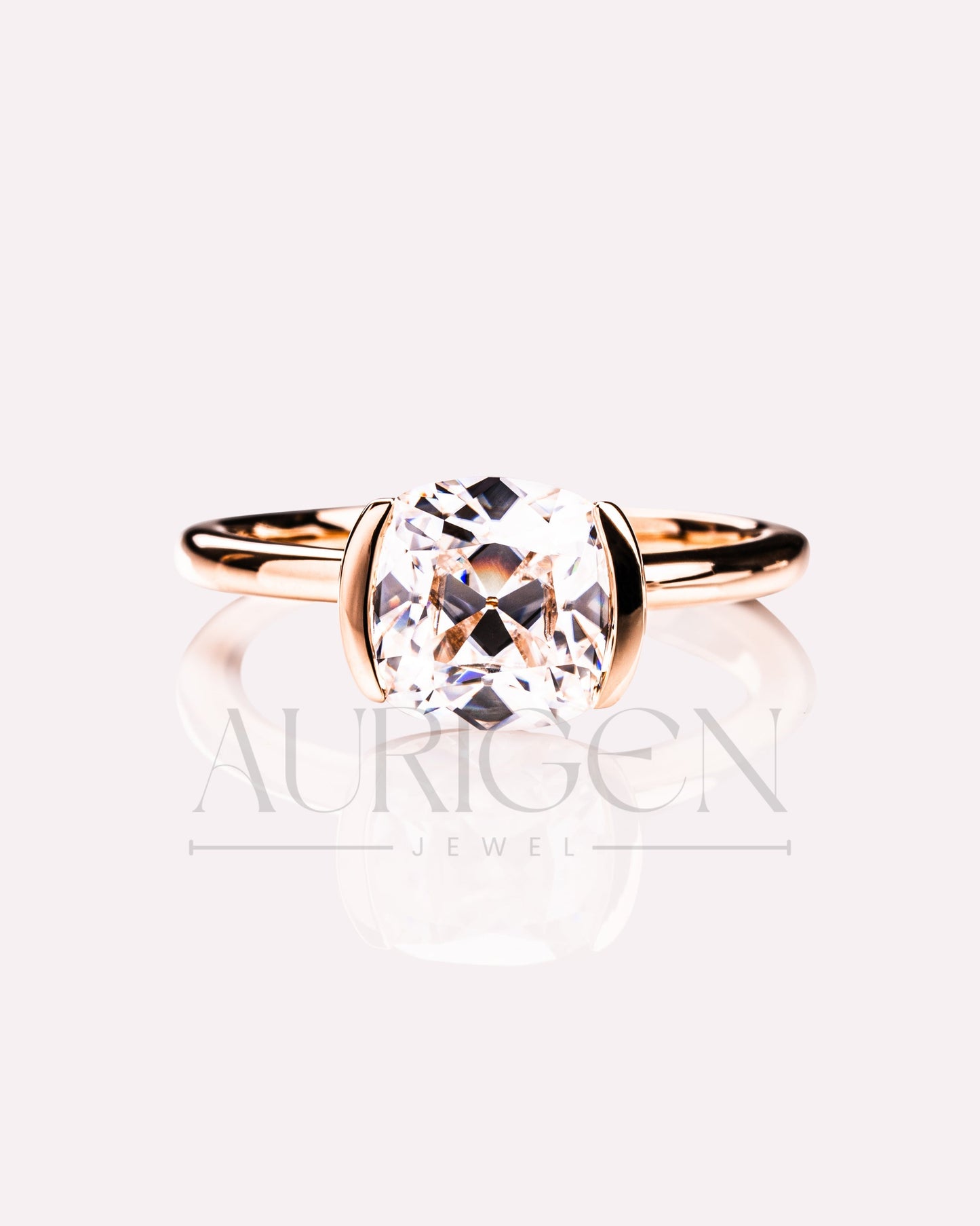 Attractive Cushion Cut Moissanite and Lab Grown Diamond Ring With Half Bezel Setting