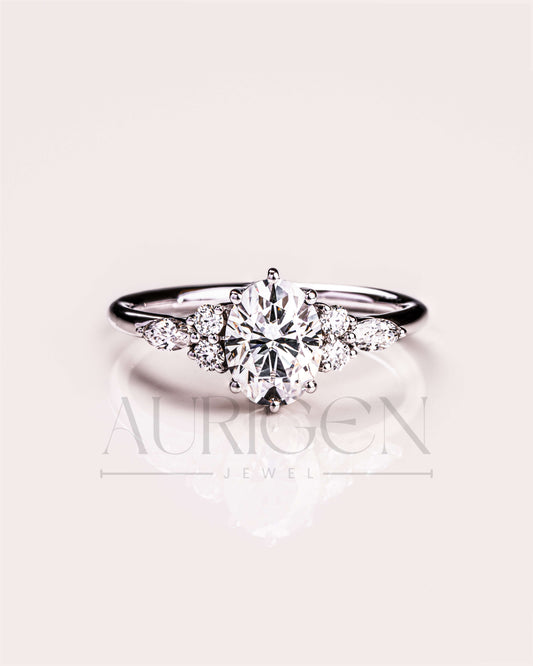 Oval Cut Moissanite and Lab Grown Diamond 14K Solid Gold Ring – Six Prong & Side Stone