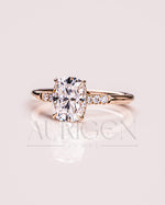 Elongated Cushion Cut Moissanite & Leb Engagement Ring Hidden with Side Round Diamond 14K Rose Gold
