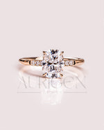 Elongated Cushion Cut Moissanite & Leb Engagement Ring Hidden with Side Round Diamond 14K Rose Gold