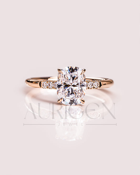 Elongated Cushion Cut Moissanite & Leb Engagement Ring Hidden with Side Round Diamond 14K Rose Gold
