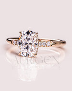 Elongated Cushion Cut Moissanite & Leb Engagement Ring Hidden with Side Round Diamond 14K Rose Gold