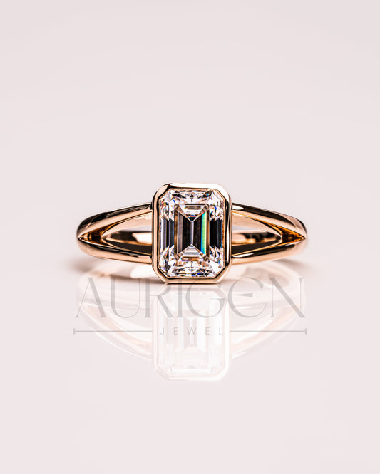 Timeless Emerald Cut Lab Grown and Moissanite Diamond Ring – Bezel Setting 14K Solid Gold