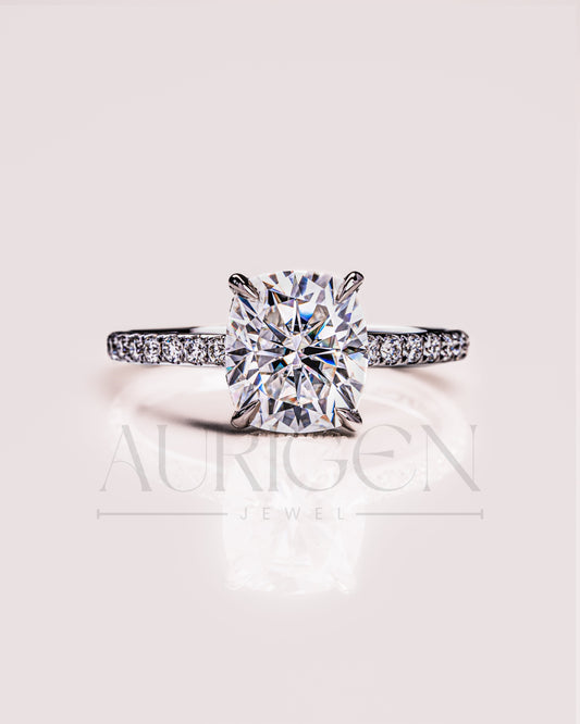 4-Prong Cushion Brilliant Moissanite & Leb Diamond Ring Halo With Pave Setting Solid Gold Ring