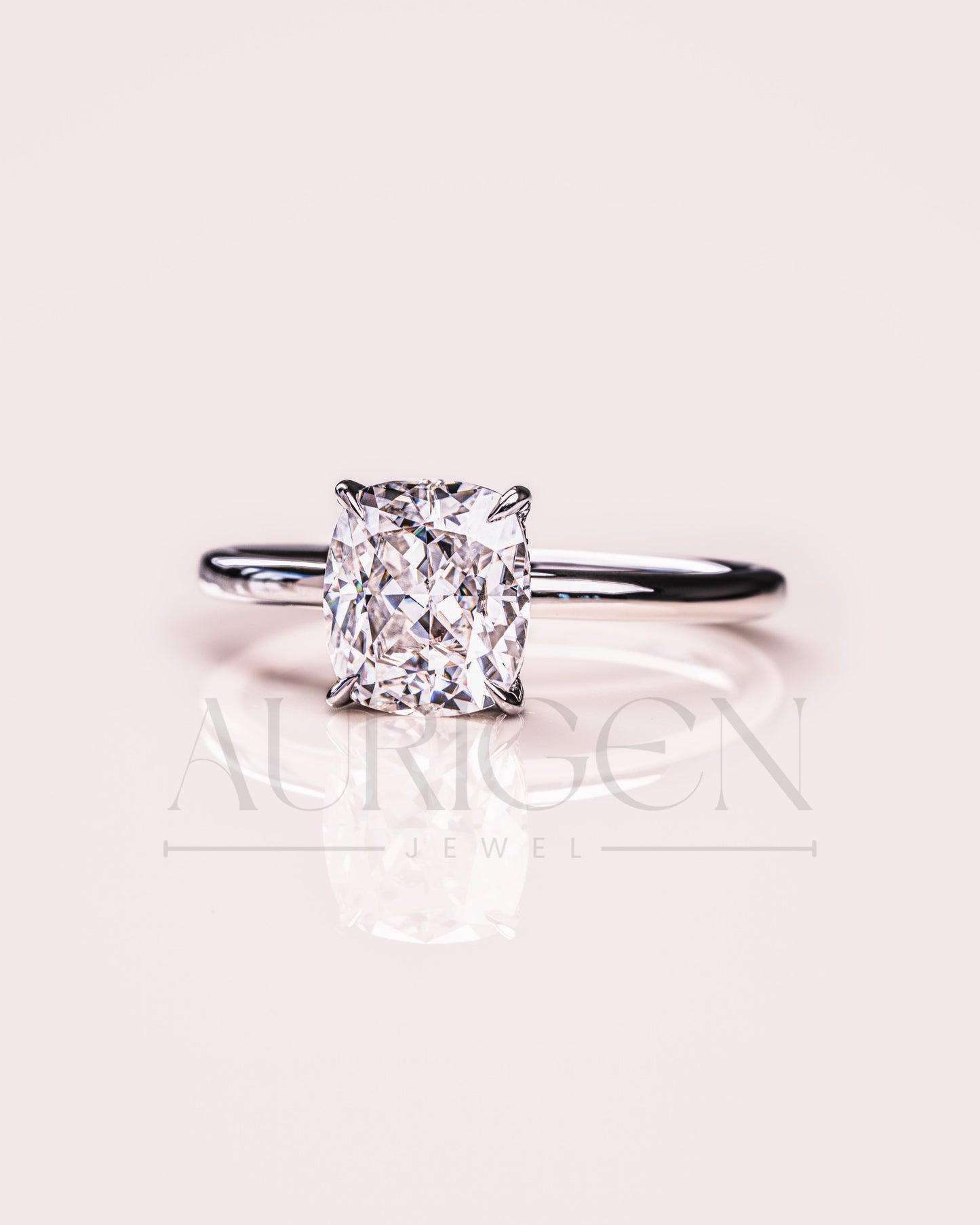 Modern Elongated Cushion Moissanite and Leb Diamond Ring 14K White Gold Halo Diamond Ring