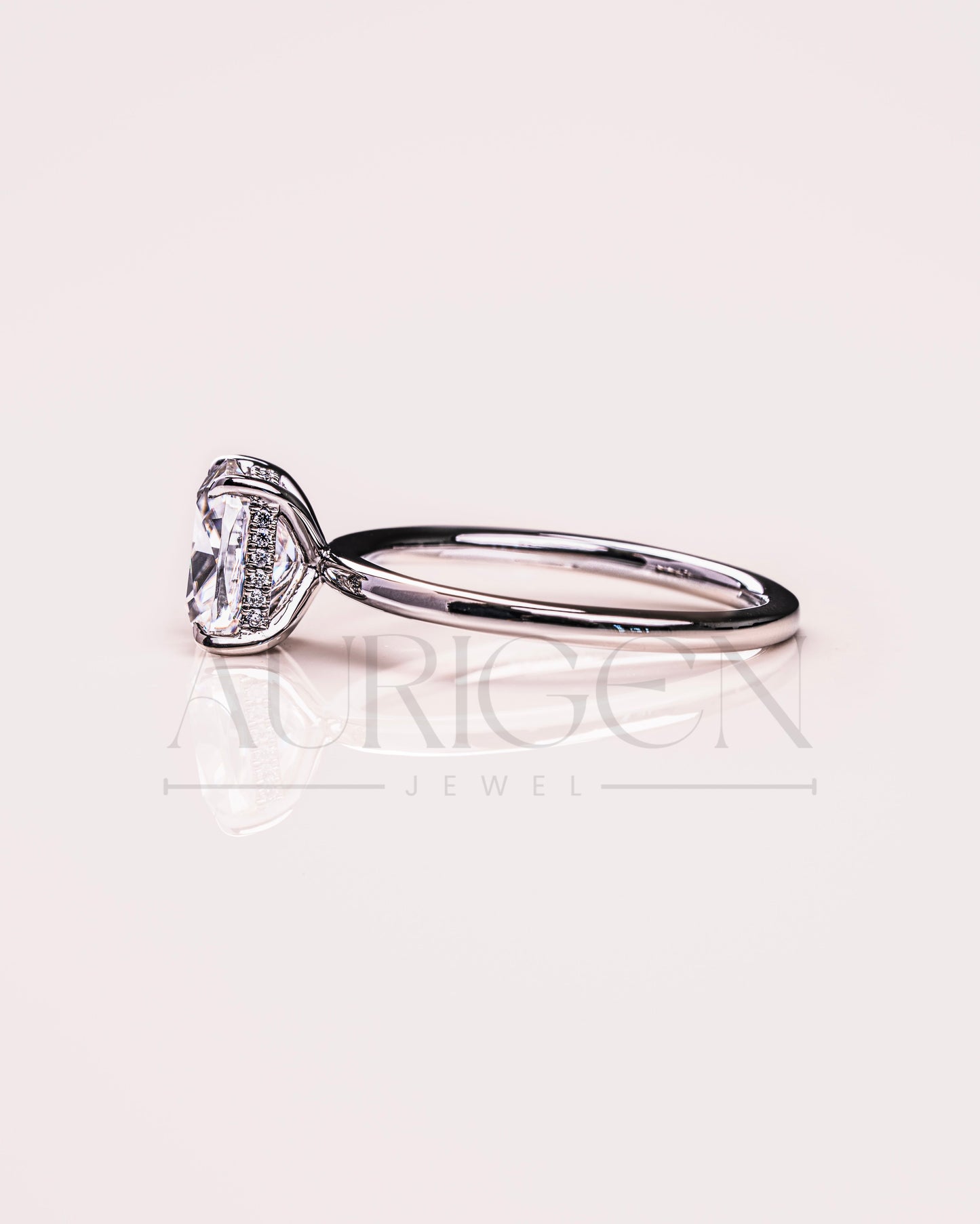 Modern Elongated Cushion Moissanite and Leb Diamond Ring 14K White Gold Halo Diamond Ring