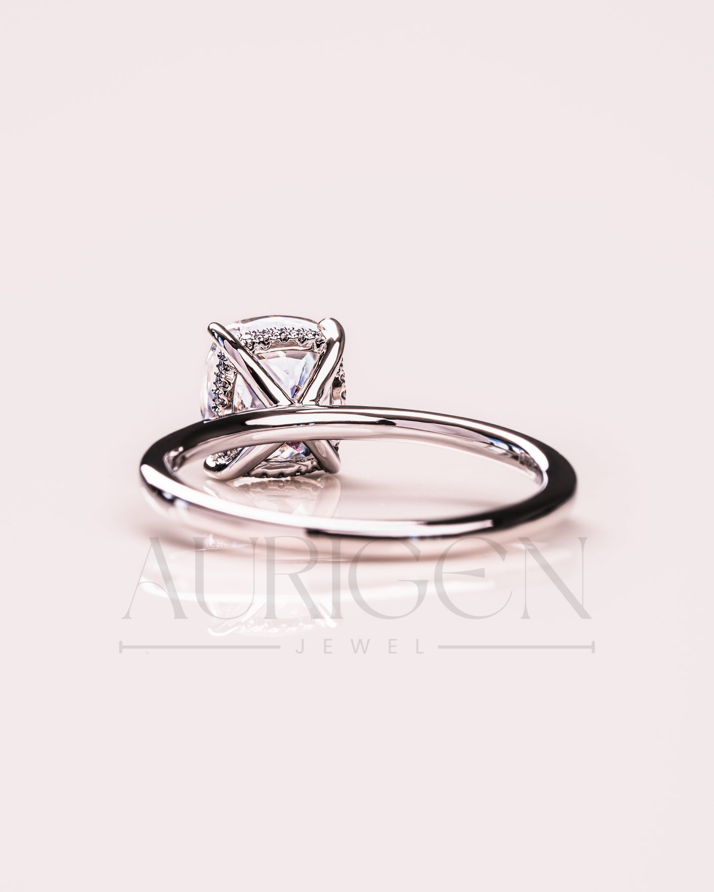 Modern Elongated Cushion Moissanite and Leb Diamond Ring 14K White Gold Halo Diamond Ring
