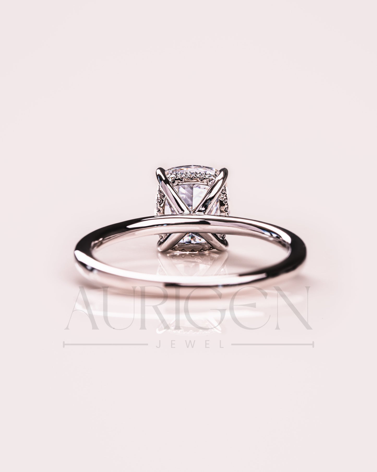 Modern Elongated Cushion Moissanite and Leb Diamond Ring 14K White Gold Halo Diamond Ring