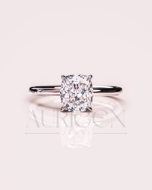 Modern Elongated Cushion Moissanite and Leb Diamond Ring 14K White Gold Halo Diamond Ring