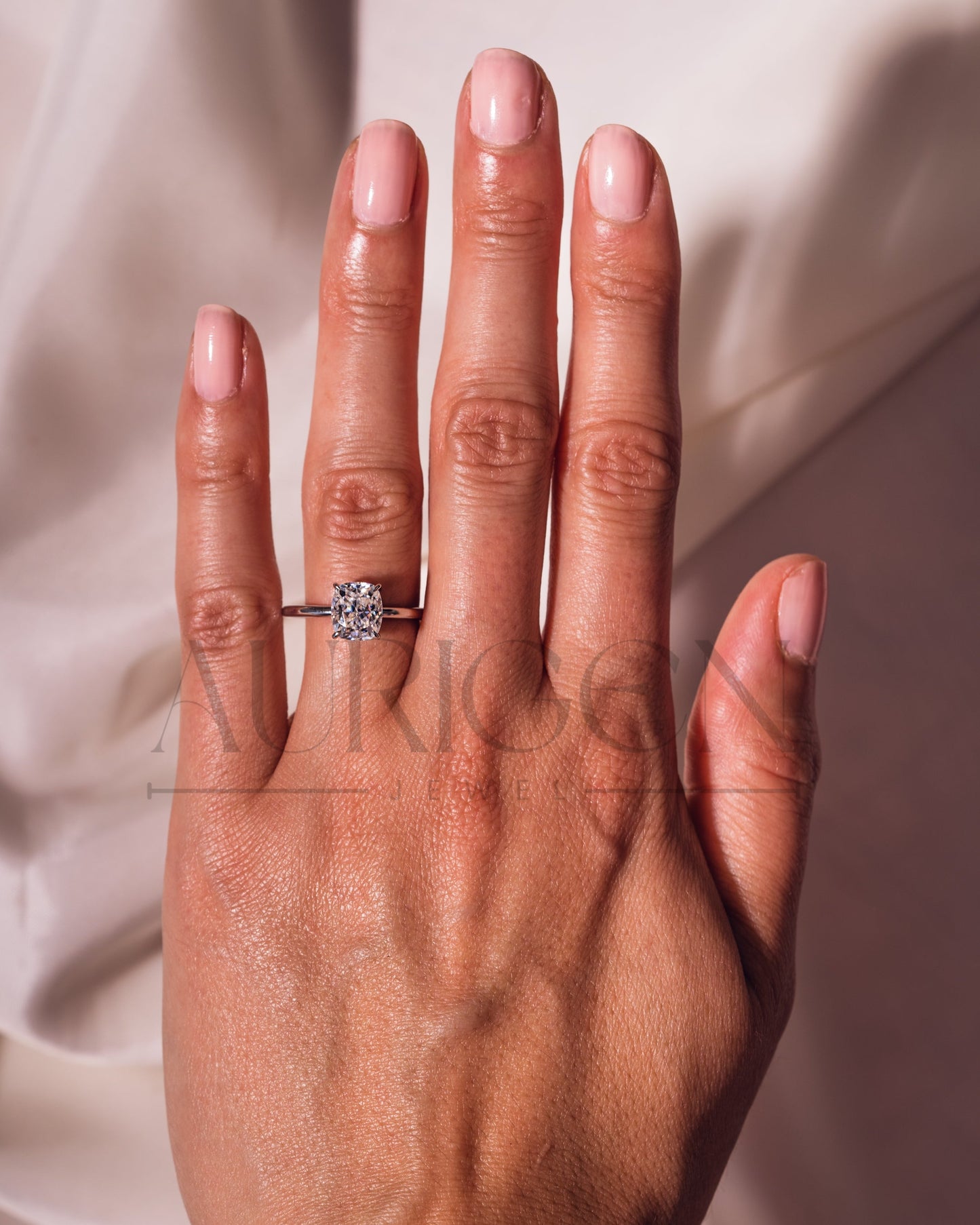 Modern Elongated Cushion Moissanite and Leb Diamond Ring 14K White Gold Halo Diamond Ring
