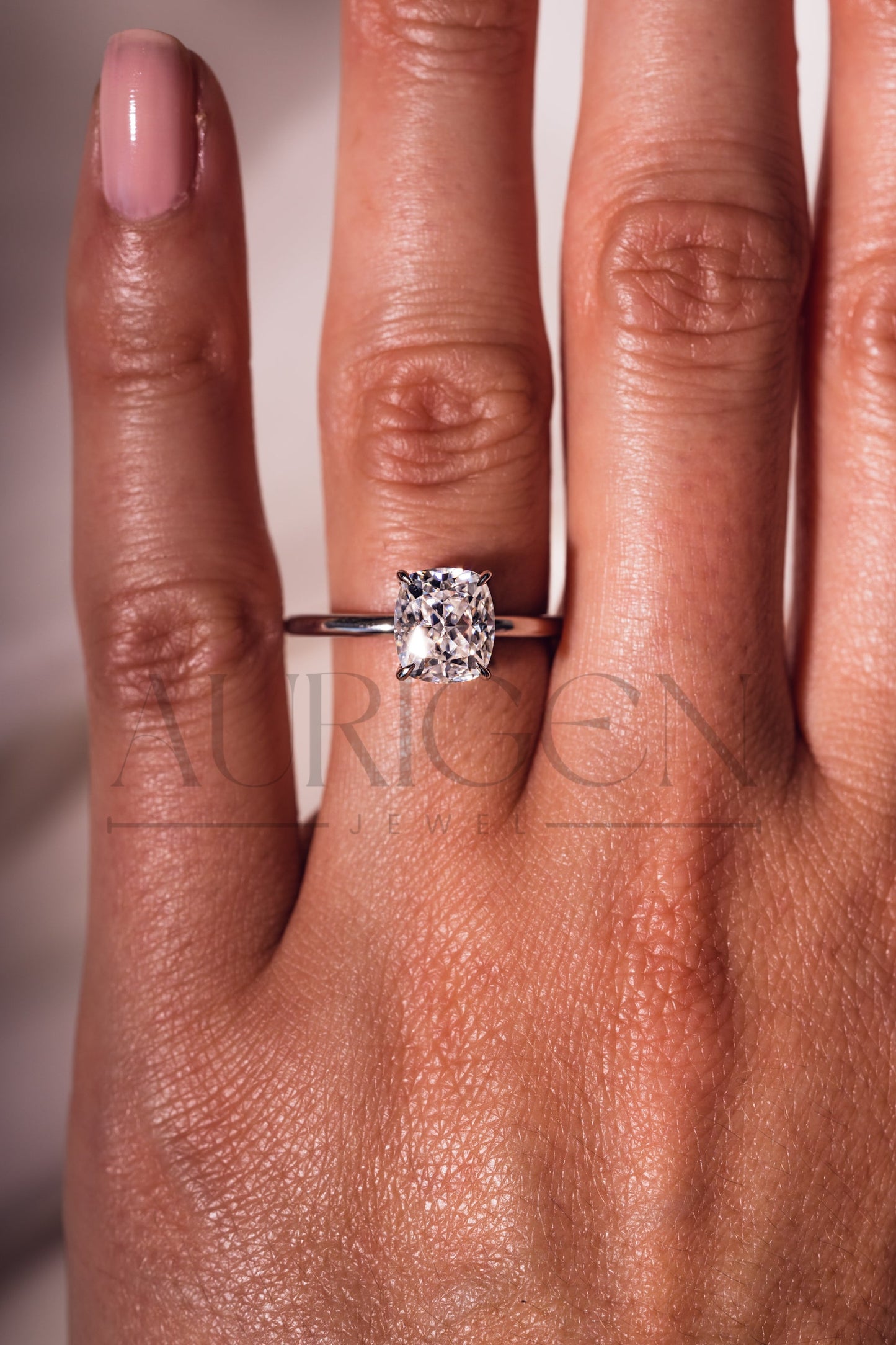 Modern Elongated Cushion Moissanite and Leb Diamond Ring 14K White Gold Halo Diamond Ring