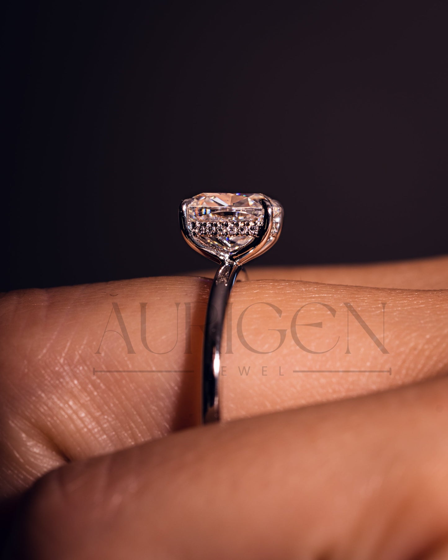 Modern Elongated Cushion Moissanite and Leb Diamond Ring 14K White Gold Halo Diamond Ring