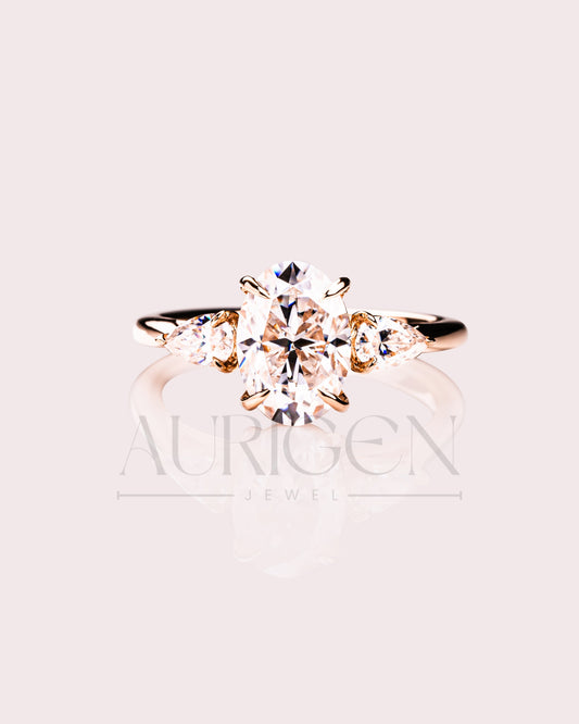 Oval Moissanite & Leb Three Stone Engagement Ring with Pear Accents 14K Rose Gold
