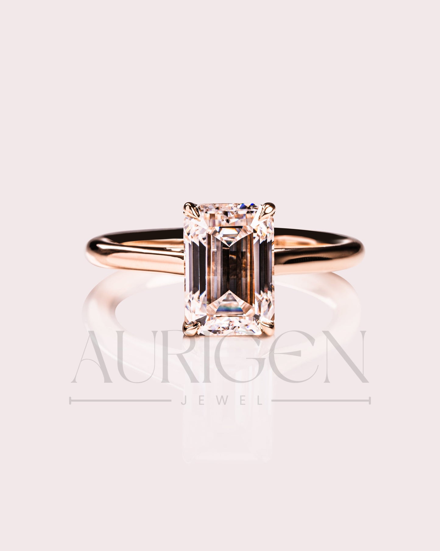 Moissanite and Lab Grown Diamond Emerald Cut Solitaire Engagement Ring in Solid Gold