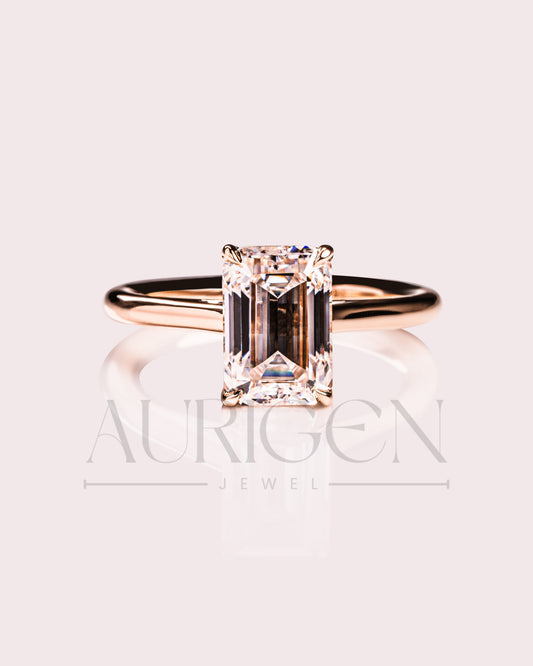 Moissanite and Lab Grown Diamond Emerald Cut Solitaire Engagement Ring in Solid Gold