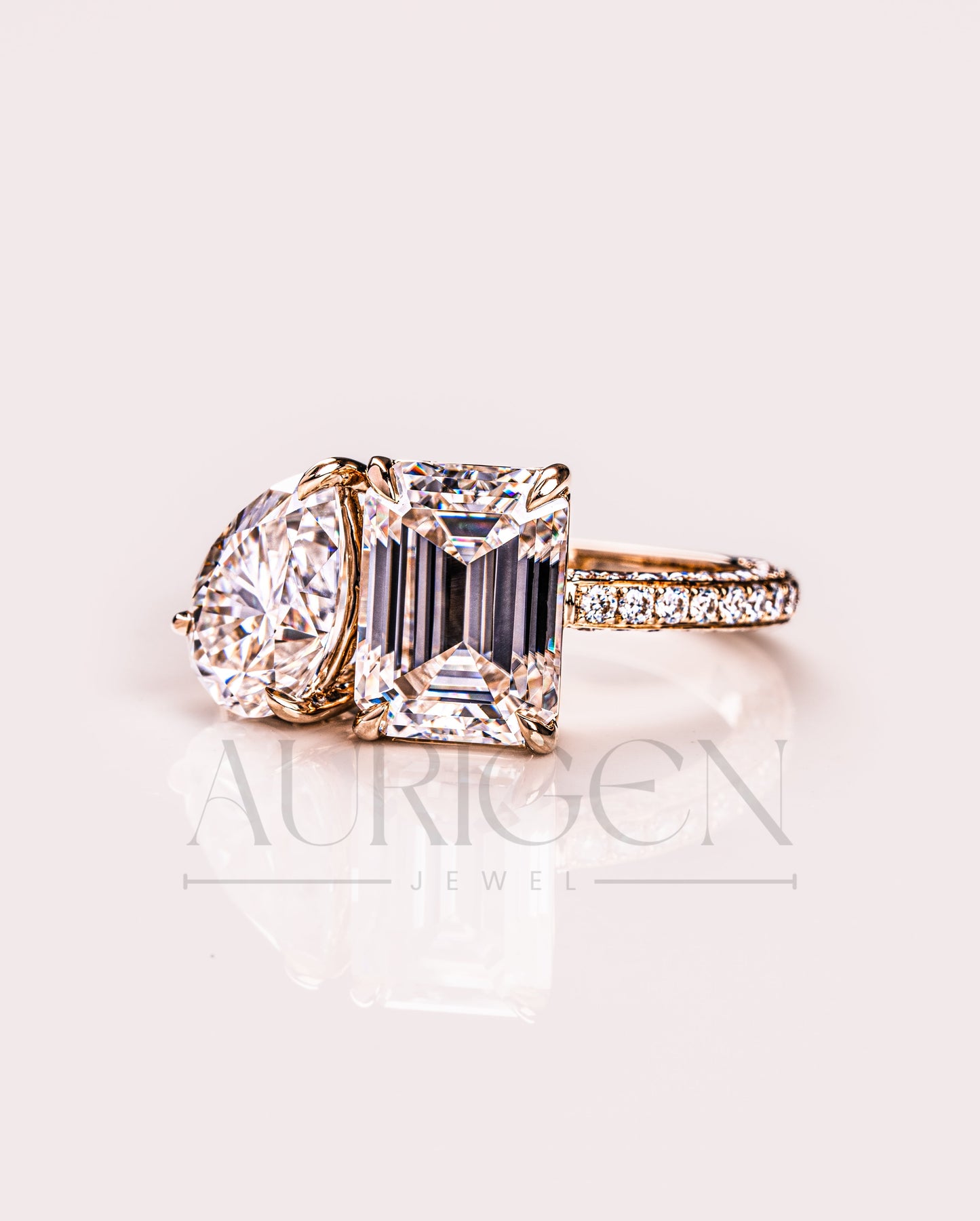 Pear and Emerald Cut Moissanite and Lab Grown Diamond Ring with Pave