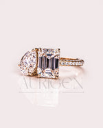 Pear and Emerald Cut Moissanite and Lab Grown Diamond Ring with Pave