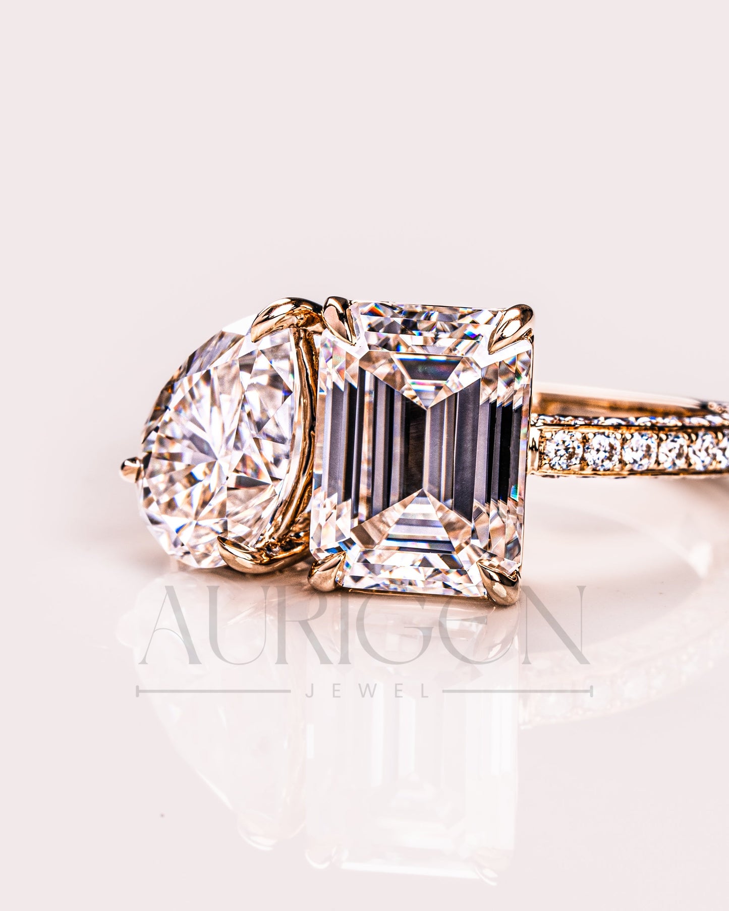 Pear and Emerald Cut Moissanite and Lab Grown Diamond Ring with Pave