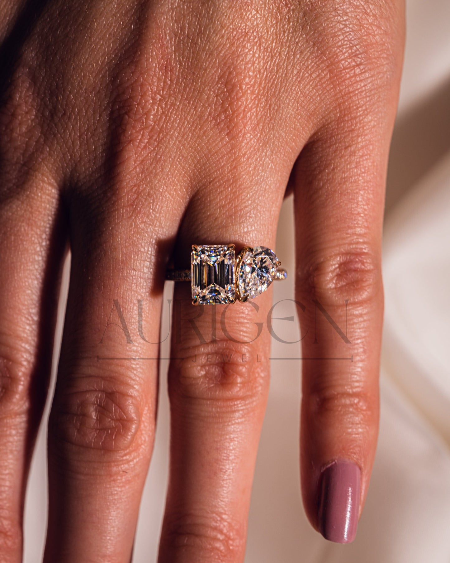 Pear and Emerald Cut Moissanite and Lab Grown Diamond Ring with Pave