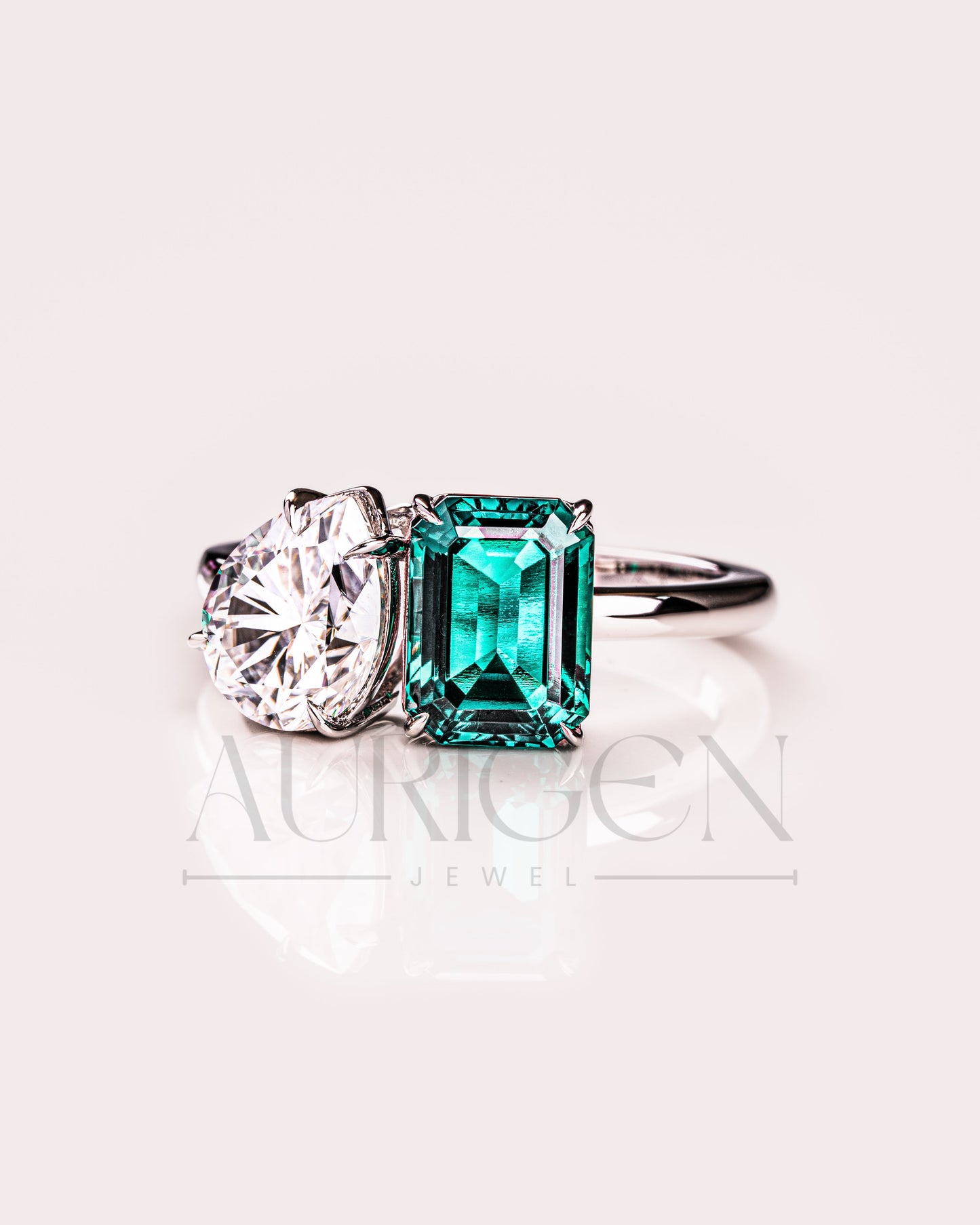 Two-Stone Pear and Emerald Cut Moissanite and Lab Grown Diamond Ring