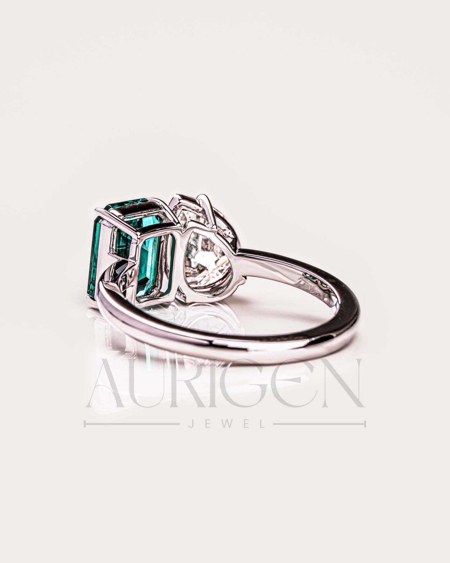Two-Stone Pear and Emerald Cut Moissanite and Lab Grown Diamond Ring