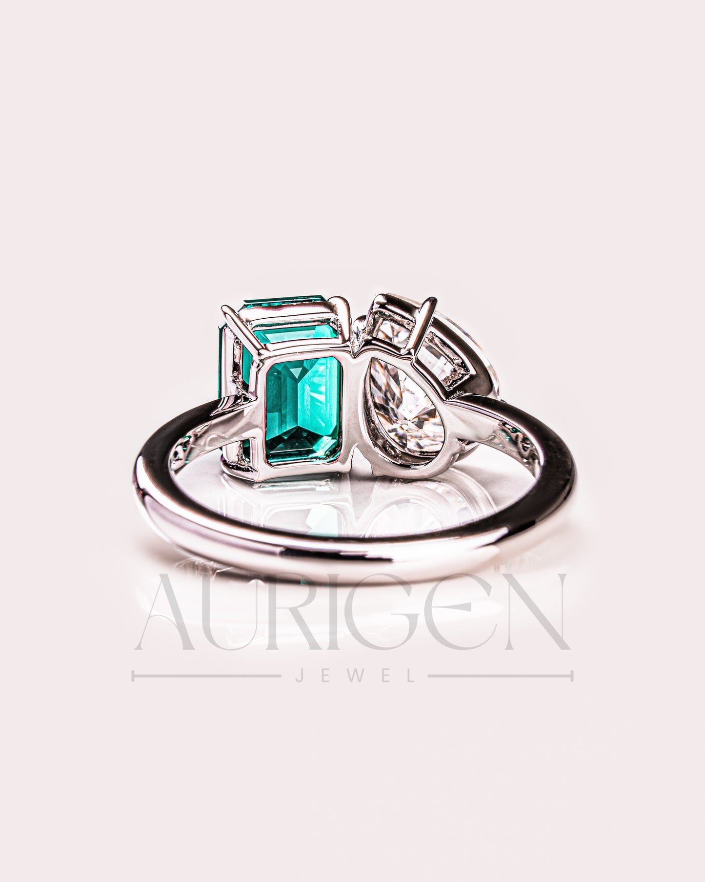 Two-Stone Pear and Emerald Cut Moissanite and Lab Grown Diamond Ring