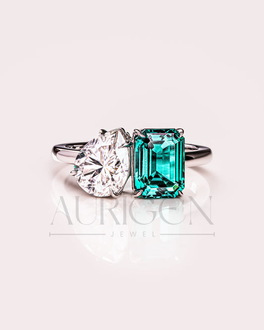 Two-Stone Pear and Emerald Cut Moissanite and Lab Grown Diamond Ring