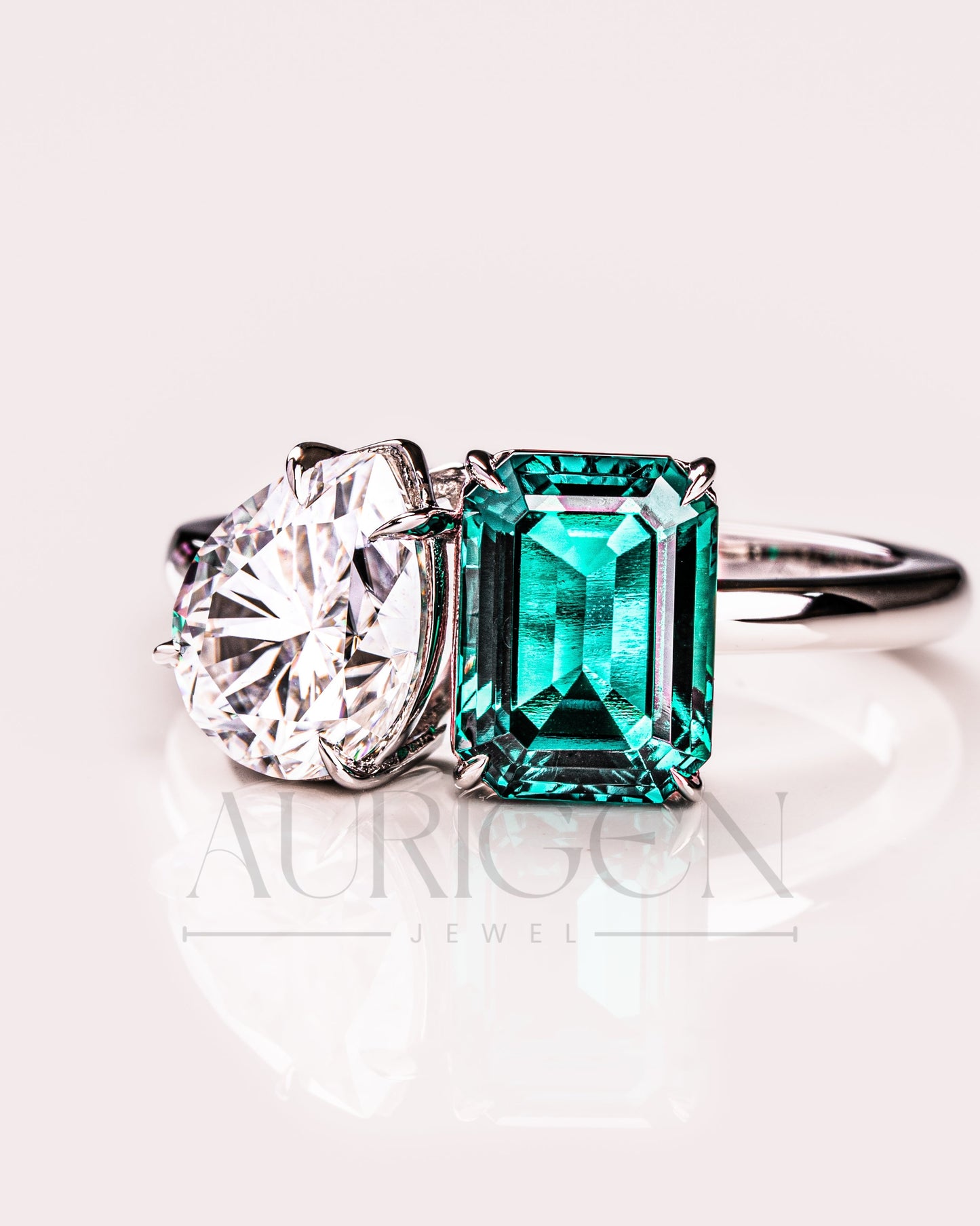 Two-Stone Pear and Emerald Cut Moissanite and Lab Grown Diamond Ring