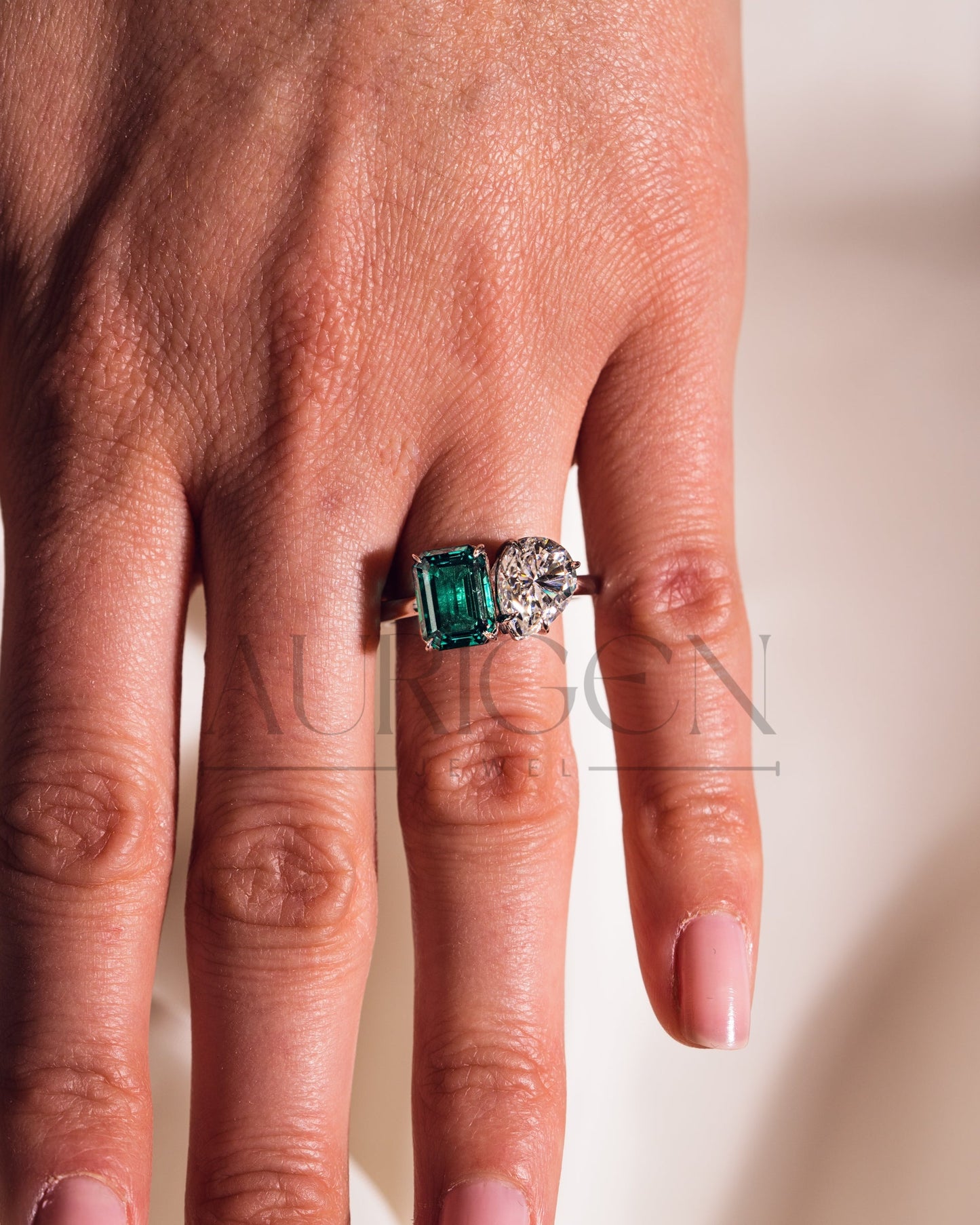 Two-Stone Pear and Emerald Cut Moissanite and Lab Grown Diamond Ring