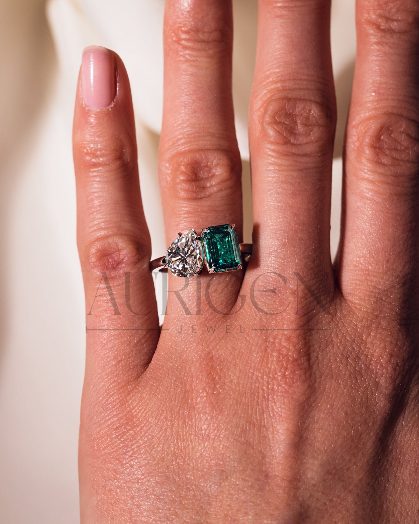 Two-Stone Pear and Emerald Cut Moissanite and Lab Grown Diamond Ring