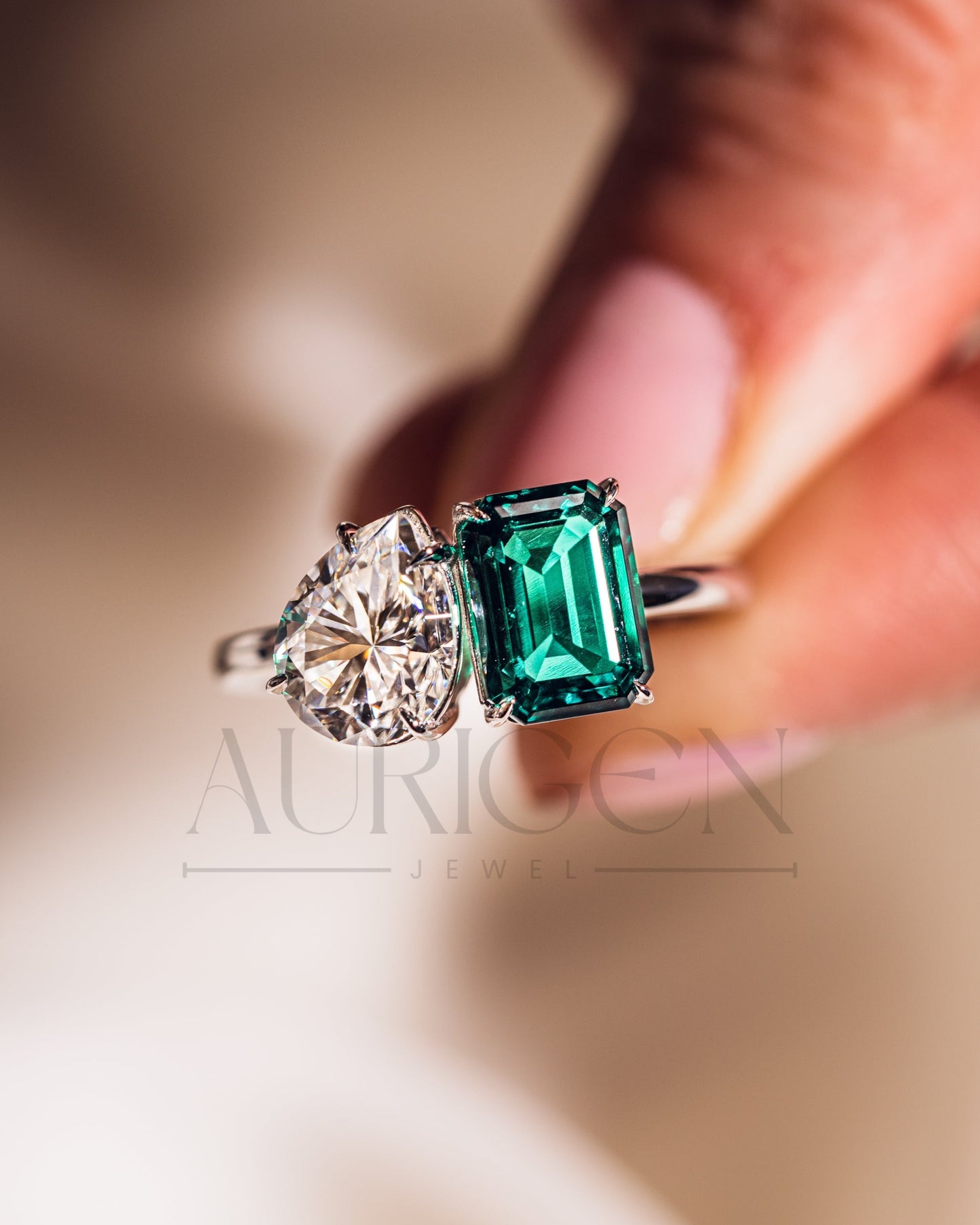 Two-Stone Pear and Emerald Cut Moissanite and Lab Grown Diamond Ring
