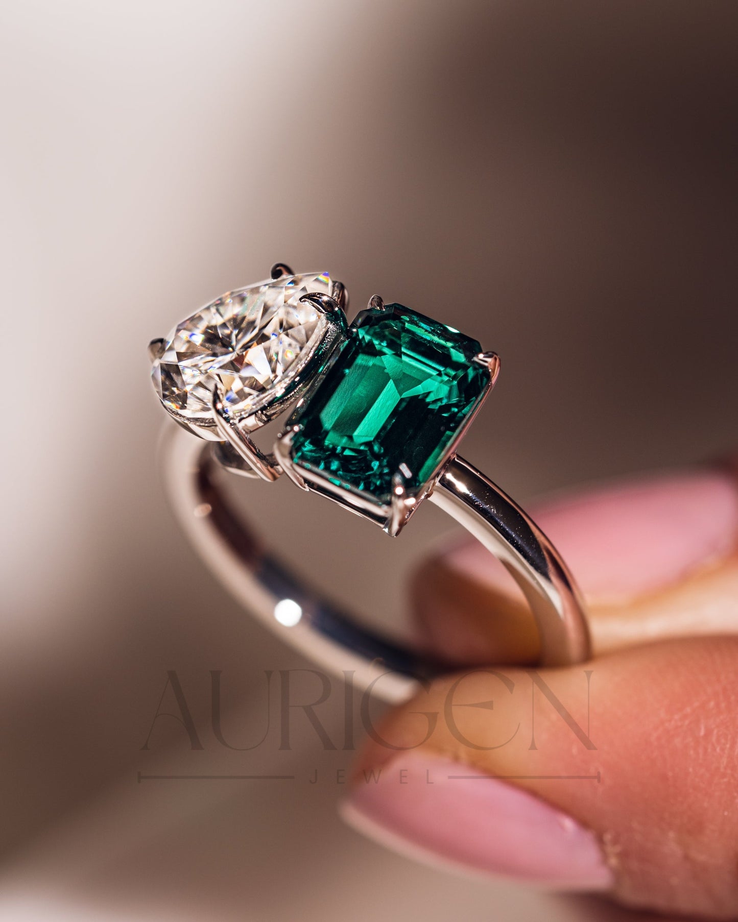 Two-Stone Pear and Emerald Cut Moissanite and Lab Grown Diamond Ring