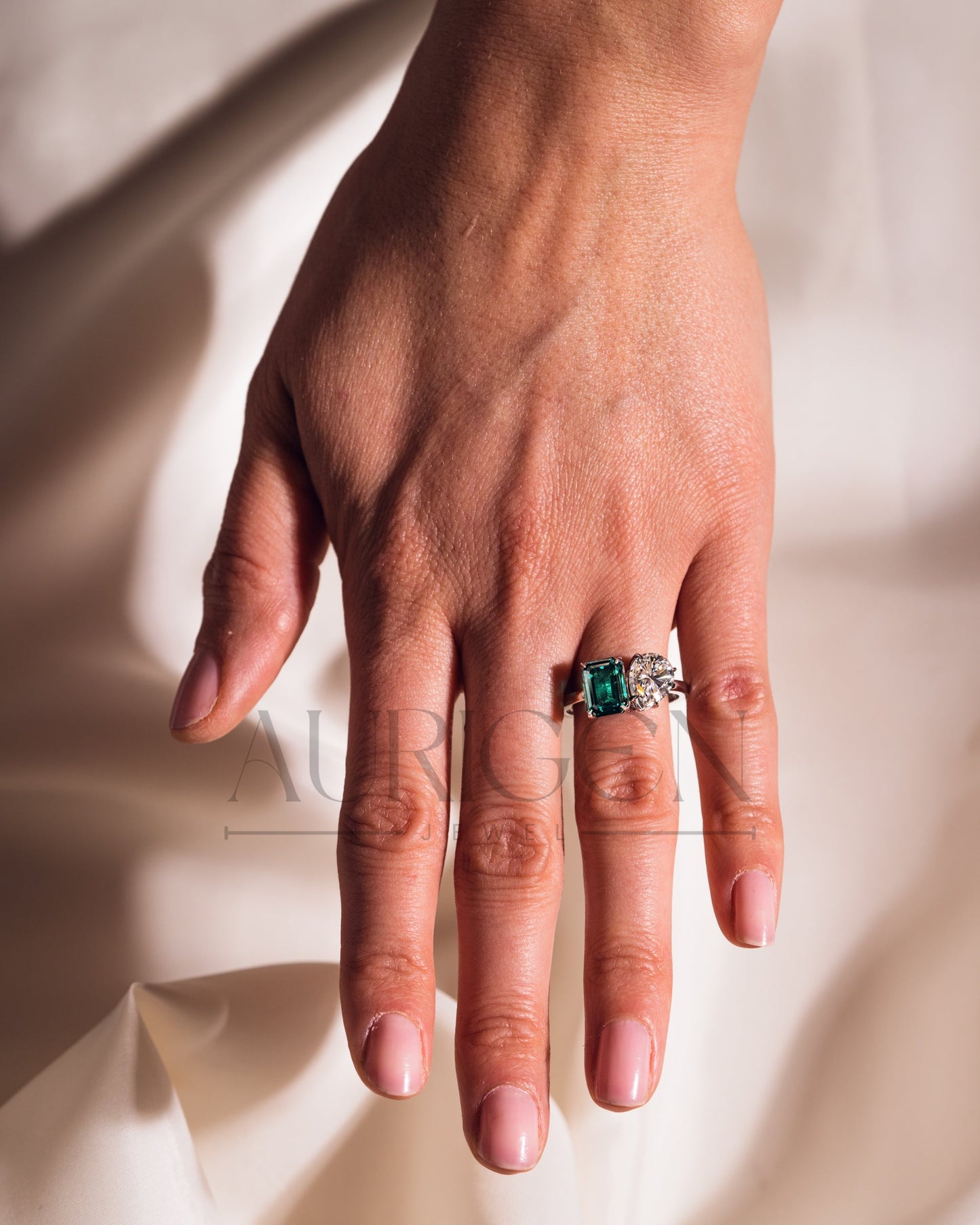 Two-Stone Pear and Emerald Cut Moissanite and Lab Grown Diamond Ring
