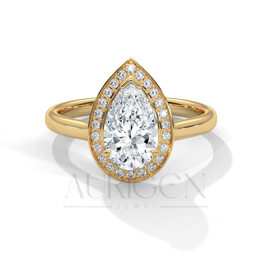 Pear Shaped Diamond Halo Engagement Ring in 14K Solid Gold