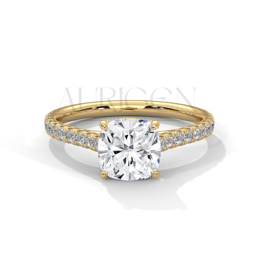 2 Ct Cushion Cut Diamond Engagement Ring with Pave Band in 14K Solid Gold