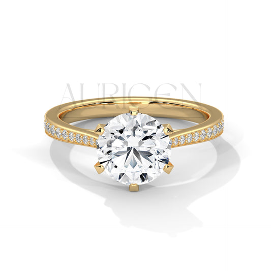 Round Brilliant Cut Solitaire Diamond Ring with Pave Band in 14K Solid Gold