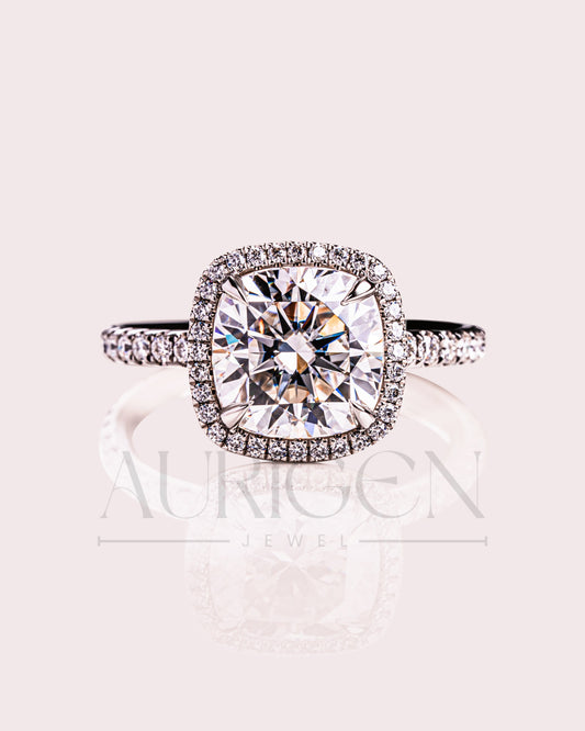 Cushion Halo Engagement Ring With Pave Setting Moissanite & Leb Diamond Ring