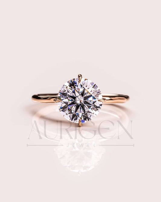 North-South-East-West Prong Round Moissanite and Leb Grown Diamond 14K Solid Gold Ring